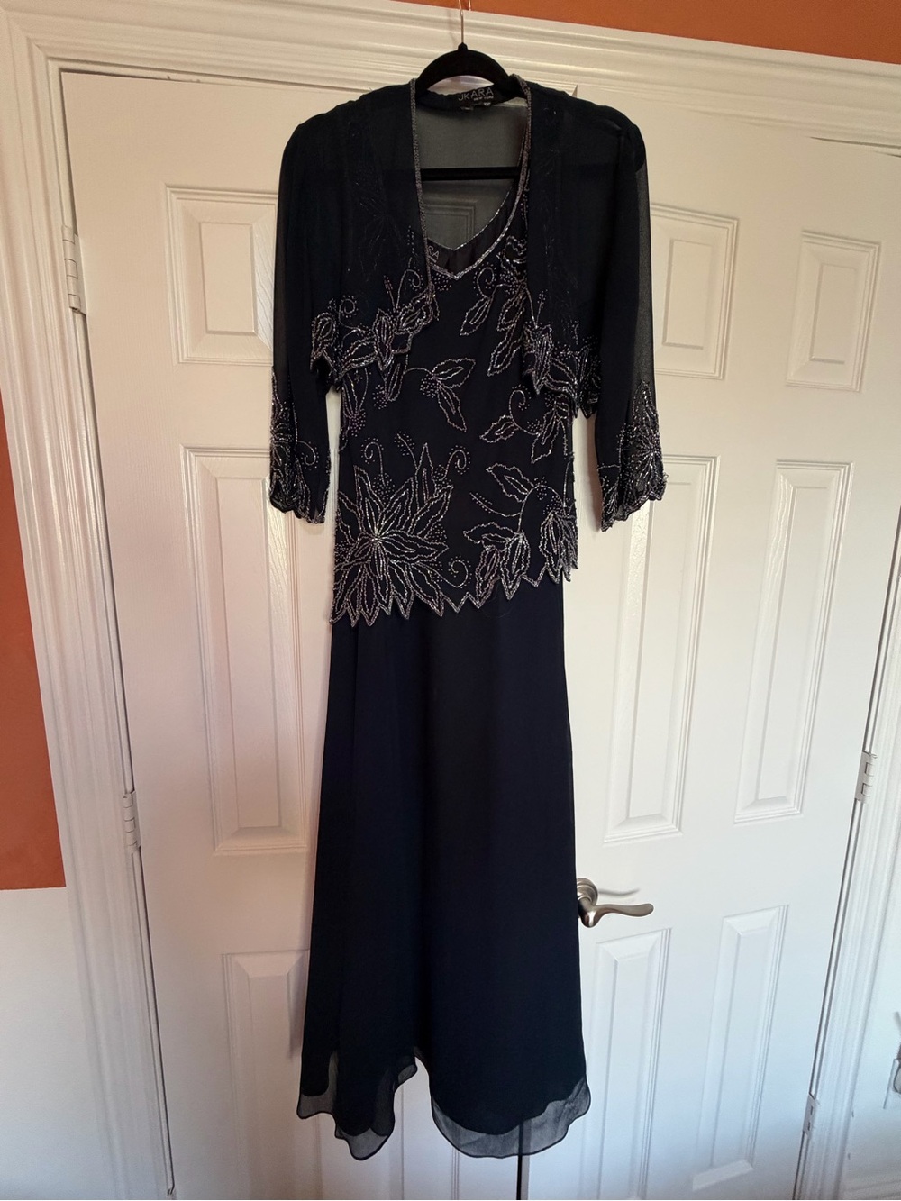 J Kara Navy Formal Dress with Beaded Floral Overlay and Jacket